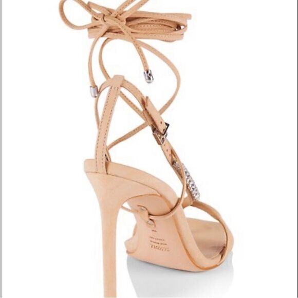 Schutz Vikki Crystal Embellished Ankle Wrap High Heel Sandals‎ Tan 7.5 Leather - Picture 7 of 15